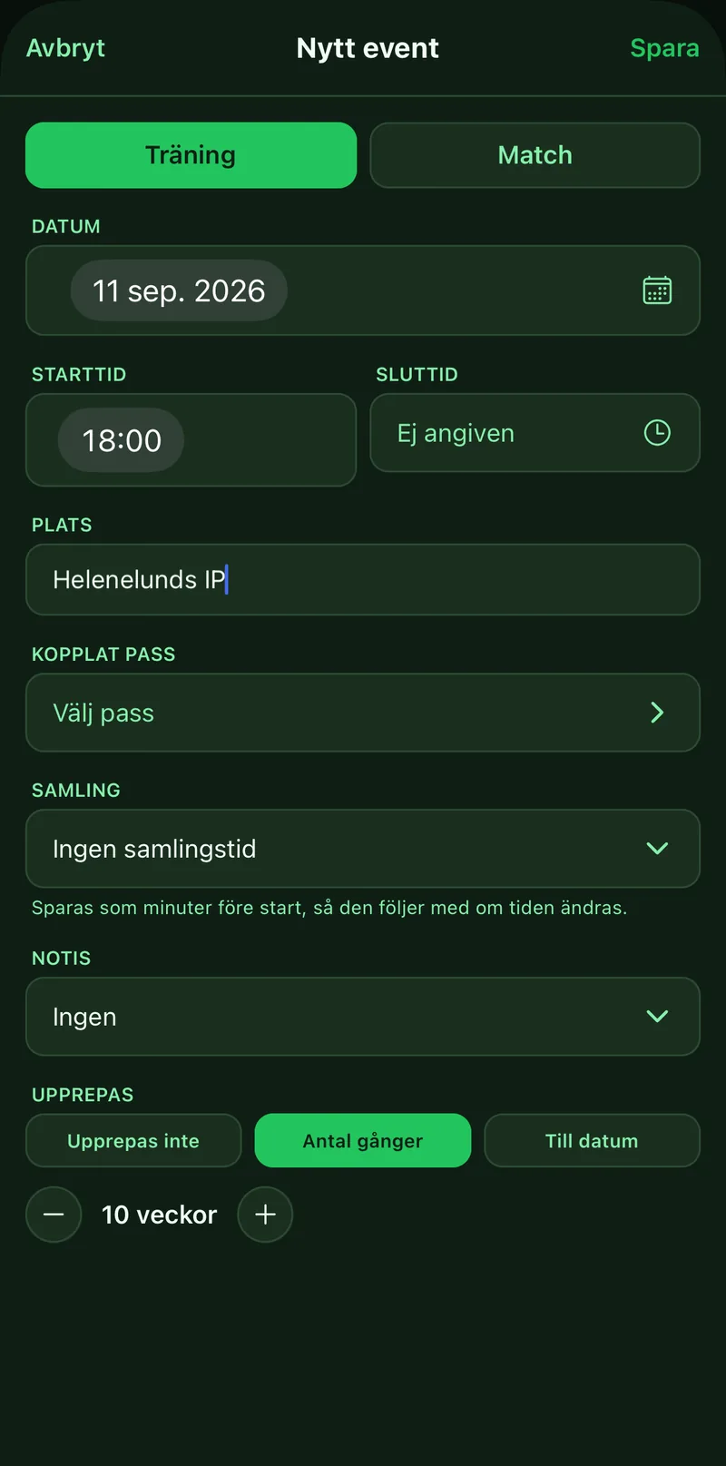 The New event form with date, time, location, linked session and repeat