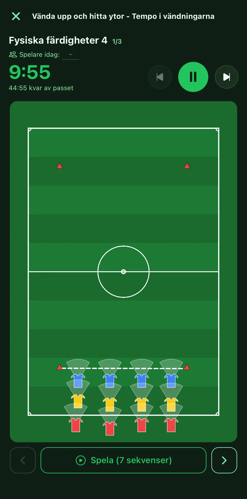 The exercise in live mode with the timer and the pitch full screen