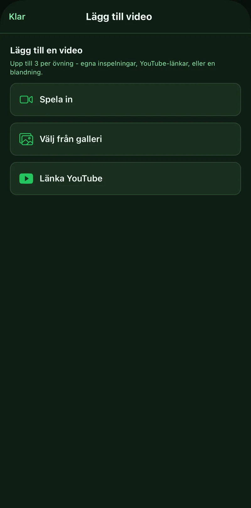 The Add video dialog with Record, Pick from gallery and Link YouTube